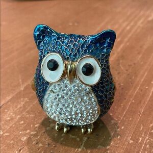 Blue and Gold Owl Figurine Jewelry Box Crystals